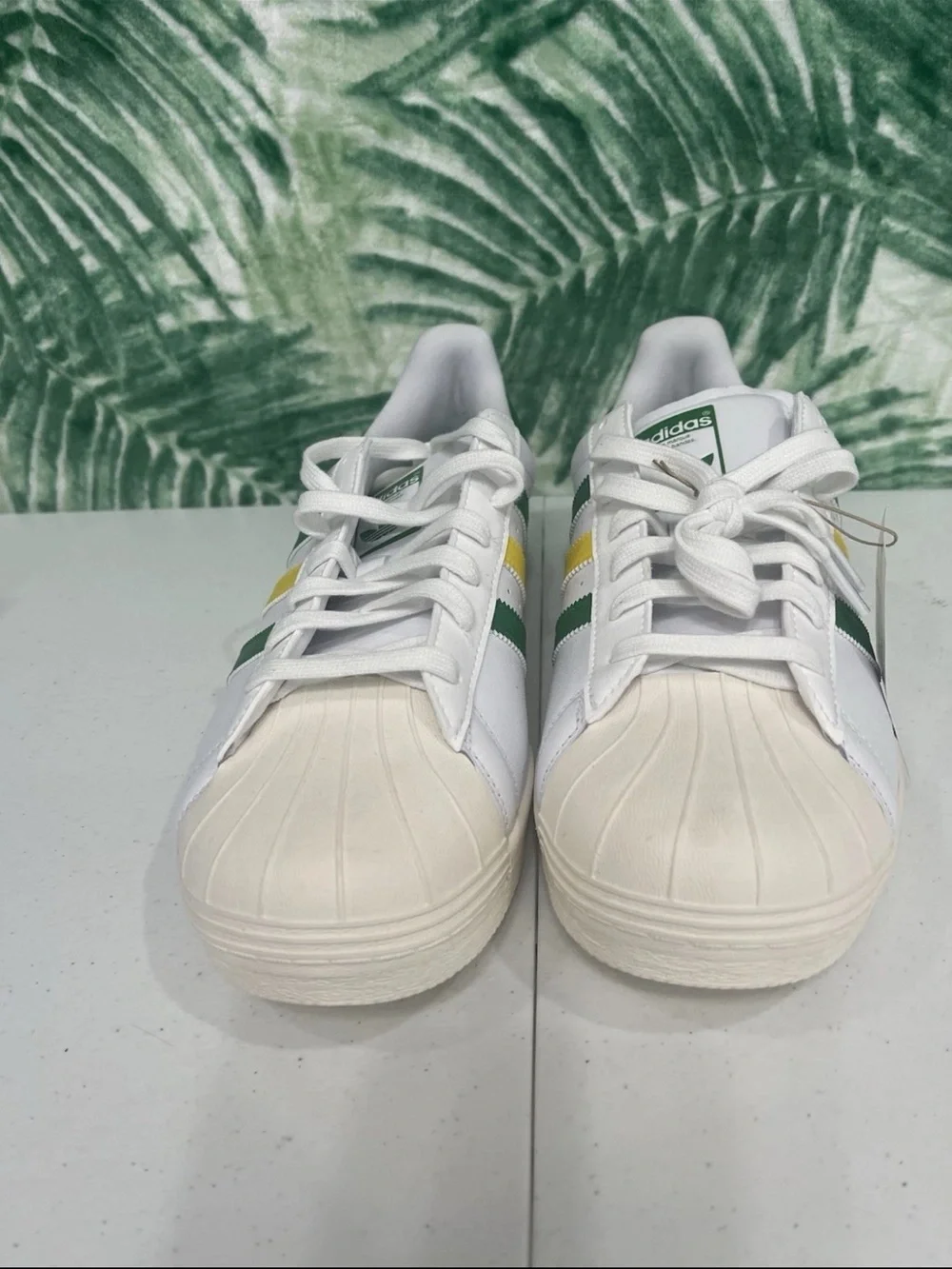 adidas superstar golf shoes White Sneakers with Green & Yellow Stripes